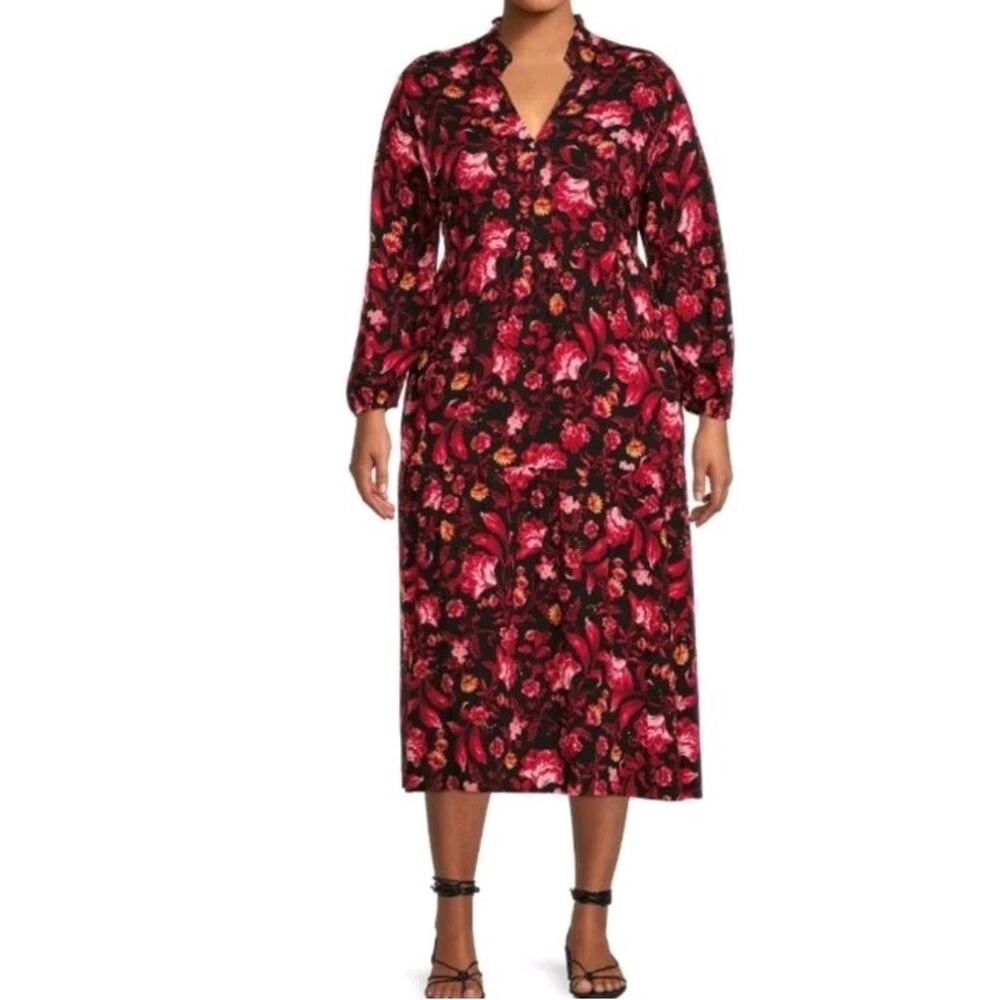 Terra & Sky Women's Plus Size Printed Peasant Midi‎ Dress 2X(18W-20W)